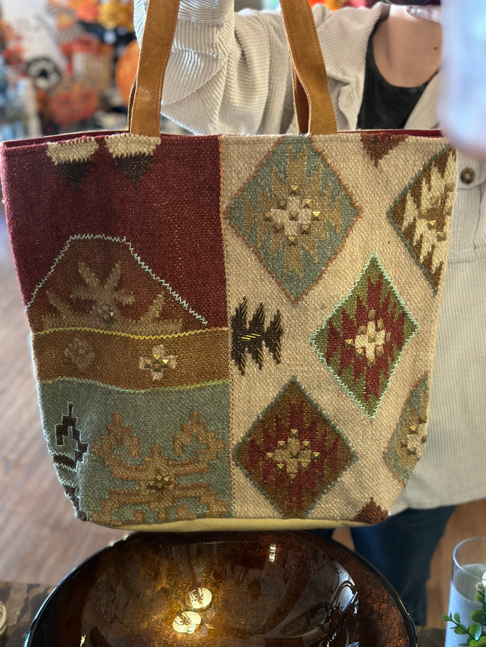 Burgundy, Tan, and Turquoise Aztec Tote with Leather Handles