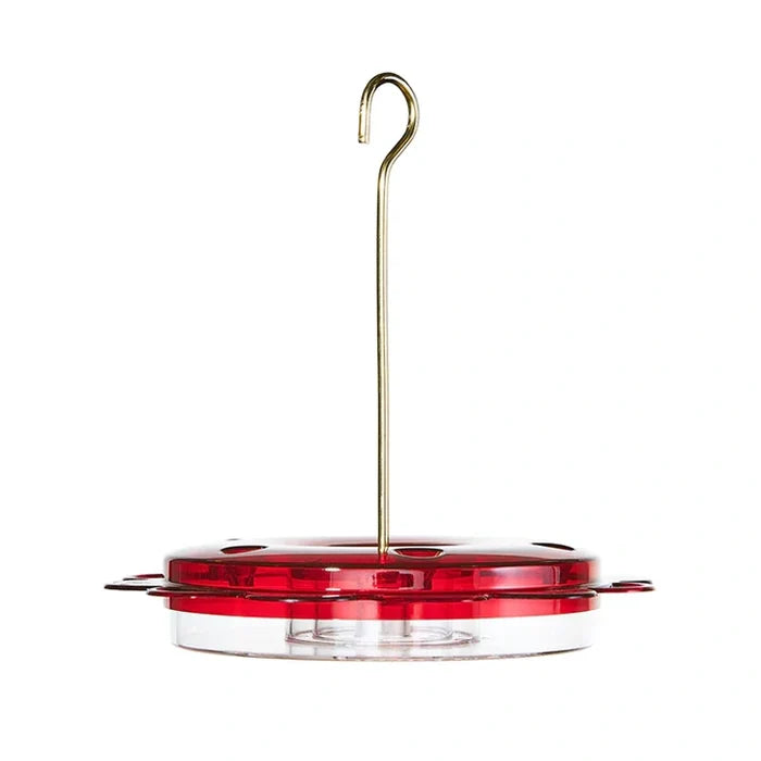 12 oz. Hummerfest Hummingbird Feeder with red lid, clear basin, six feeding ports, rain overflow, ant moat, and metal hook for hanging.