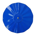 14 All Weather Guard, Blue: Glossy blue metal disc with scalloped edges, central brass knob, and mounting hole, designed to protect small feeders from weather elements.