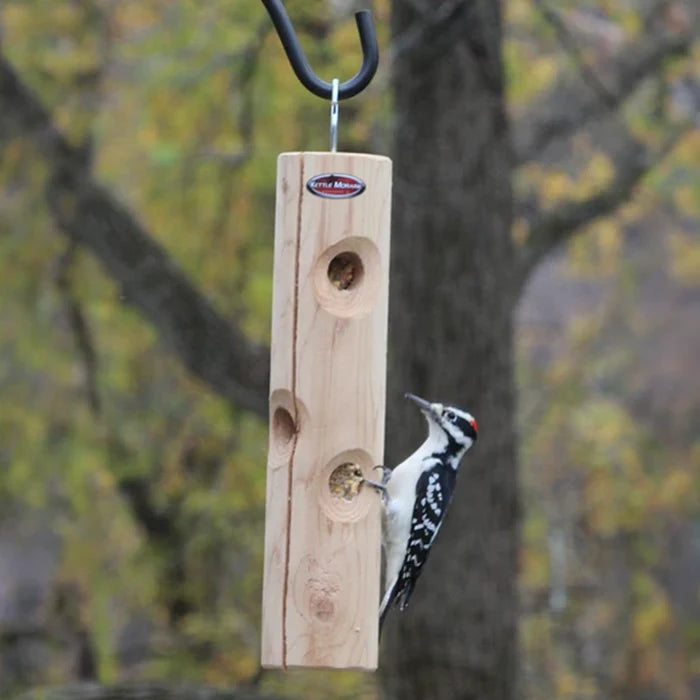 Downy woodpecker clinging to a hanging cedar suet log feeder in a backyard setting.