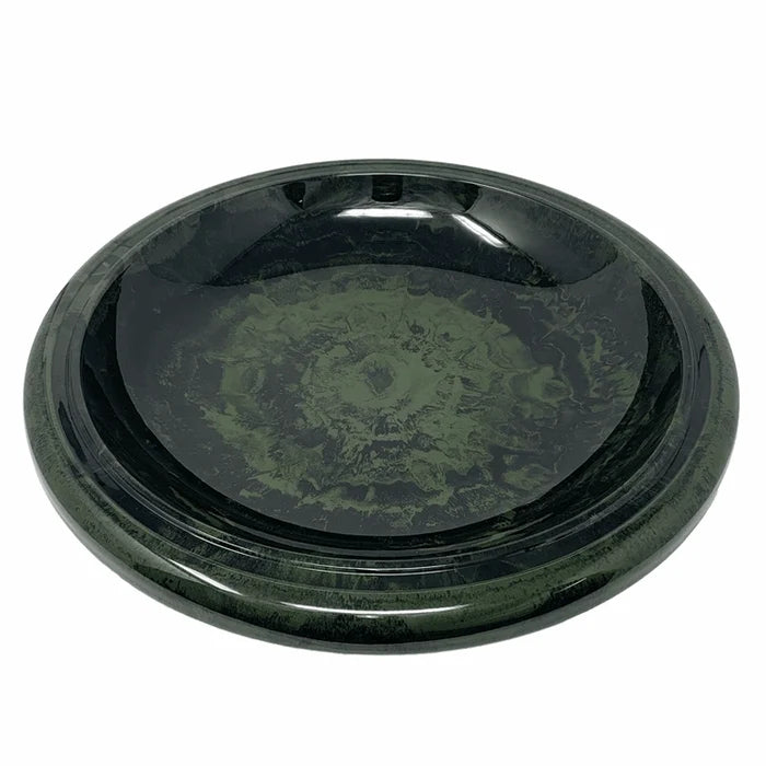 Hunter green fiber clay birdbath bowl with glossy UV-protected finish
