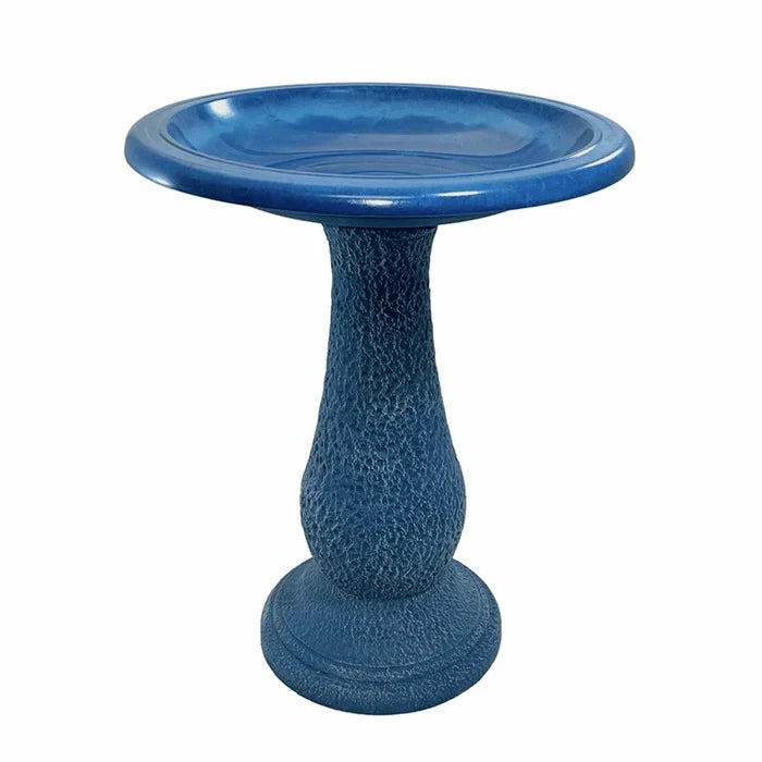 Navy Blue Fiber Clay Bird Bath with pedestal, featuring a full-sized basin for birds, lightweight and easy to move, stands 24 inches tall on a white background