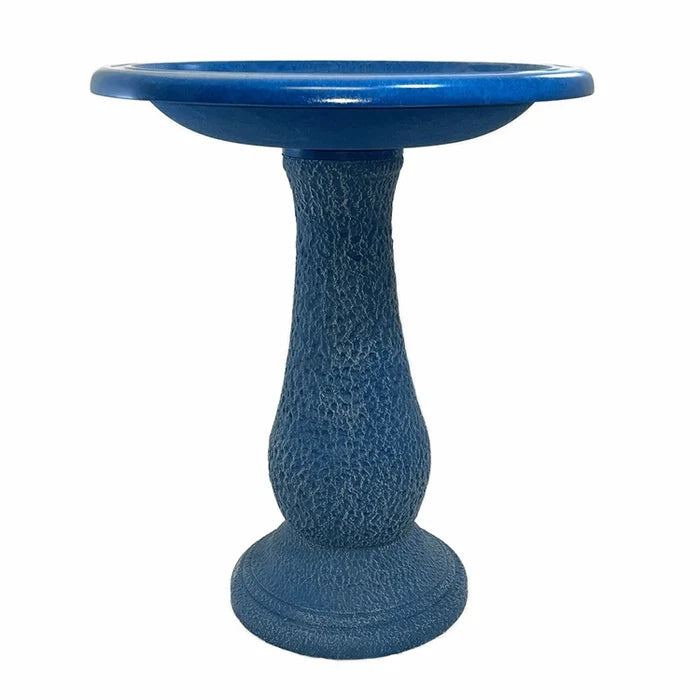 Navy Blue Fiber Clay Bird Bath with pedestal, featuring a full-sized basin for birds, lightweight and easy to move, stands 24 inches tall on a white background