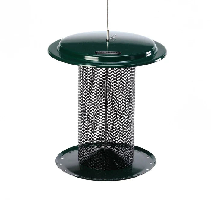 Sunflower Seed Bird Feeder in Red, featuring a hanging mesh-tube design with a metal roof and tray, promotes easy bird clinging and feeding.