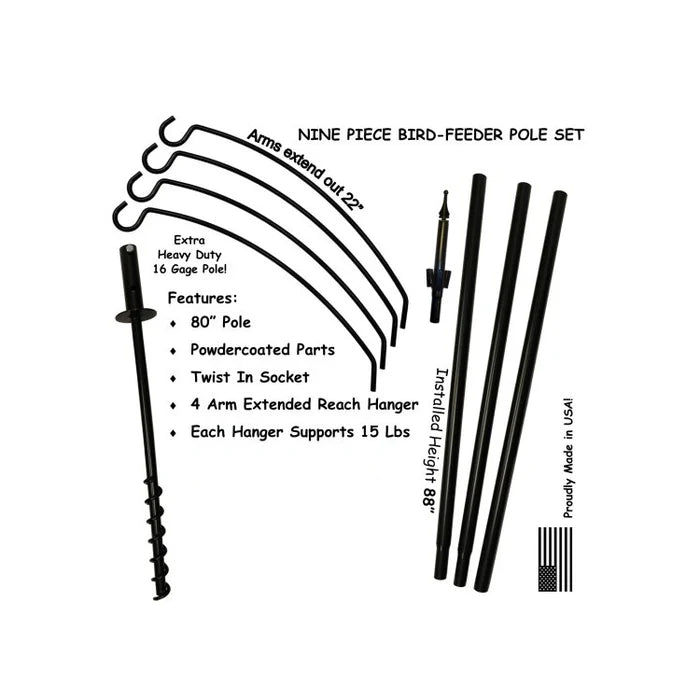 4 Arm Extended Reach Bird Feeding Station with a sectional pole, curved hanger arms, ground-auger base, and Proudly Made in USA label, shown in an exploded view.