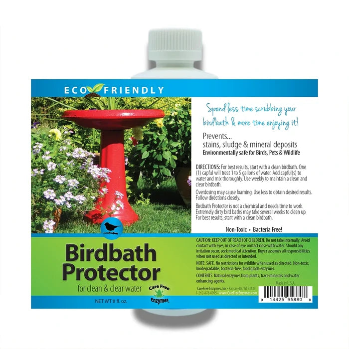 8 oz. Bird Bath Protector, Set of 2, eco-friendly enzyme treatment for clean birdbath water, prevents stains and algae, safe for birds and wildlife.