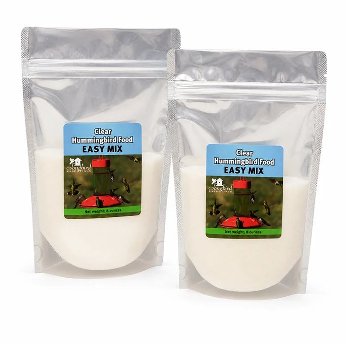 Two pouches of Clear Hummingbird Food Easy Mix displayed side by side in resealable packaging.