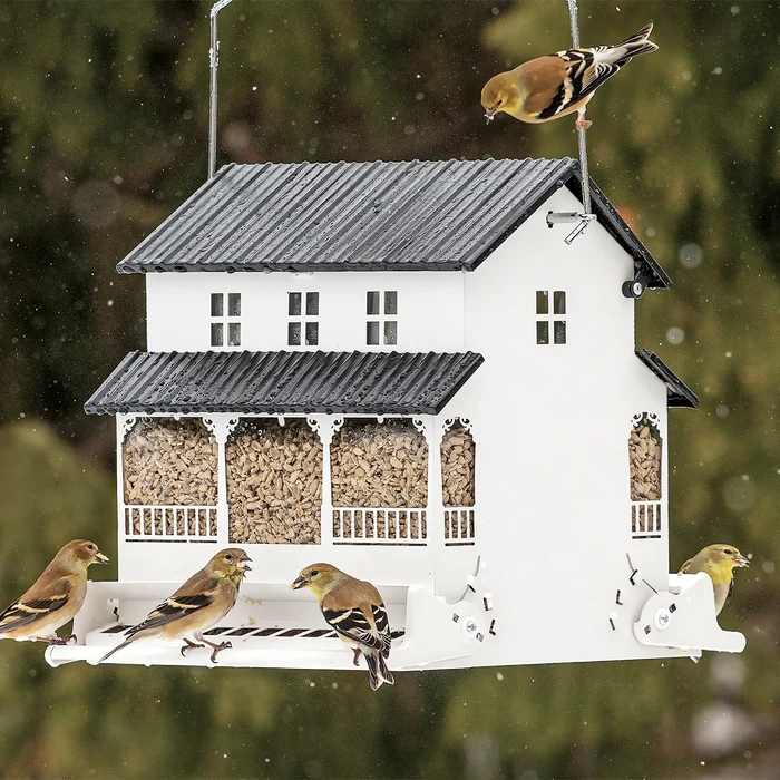 Absolute White Farmhouse Squirrel-Resistant Feeder with birds feeding from both sides, featuring weight-sensitive perches and a locking roof to prevent squirrel access.