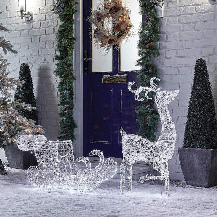 Acrylic Reindeer & Sleigh 1m White