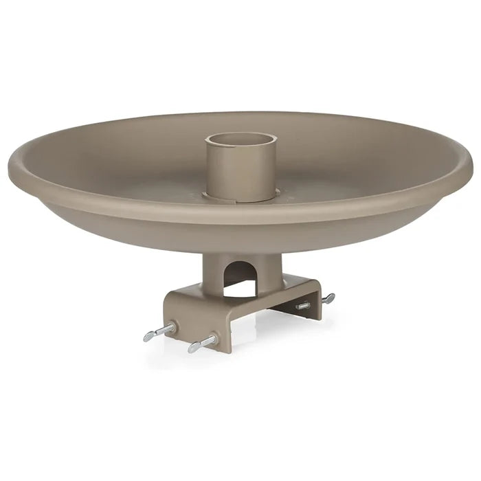 All Seasons Heated Bird Bath, Deck Mount features a round basin with a central tube and clamp-on bracket for railing attachment. Ideal for attracting birds in cold weather.