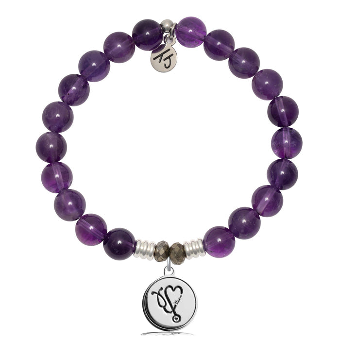 Amethyst Gemstone Bracelet with Nurse Sterling Silver Charm