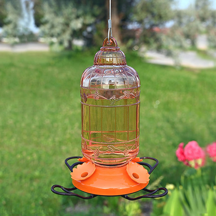 Antique Bird Cage Style Glass Oriole Feeder with glass reservoir and orange base, featuring four feeding ports and metal perches, hanging outdoors.