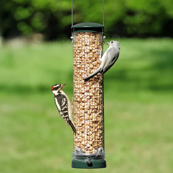 Aspects Quick Clean Peanut Mesh Feeder with woodpecker and songbird, showcasing sturdy mesh design filled with peanuts, ideal for attracting woodpeckers.