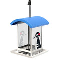 Bird feeder with blue roof and illustrations of birds on a white background
