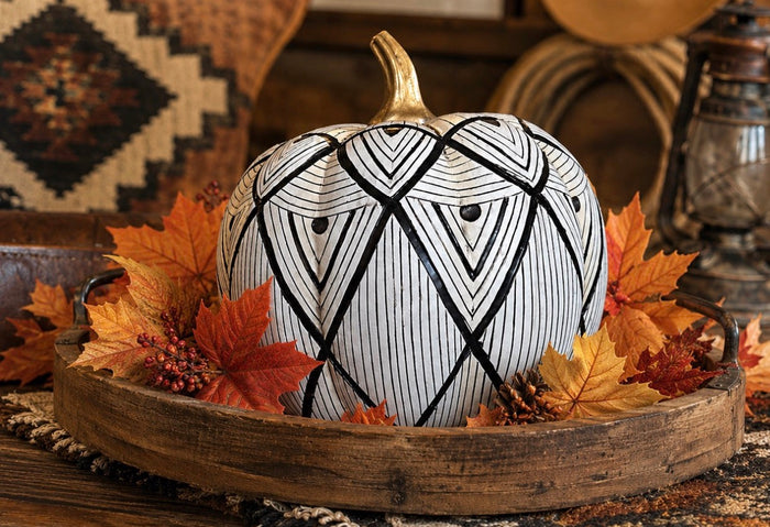 Aztec Black & White Patterned Pumpkin with Gold Stem