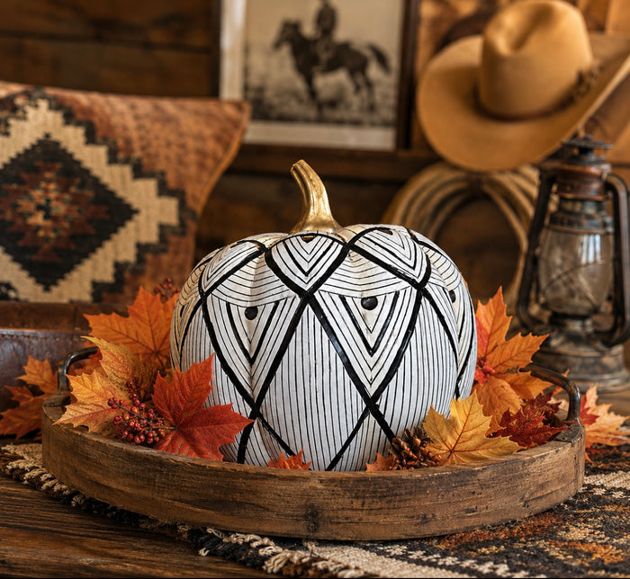 Aztec Black & White Patterned Pumpkin with Gold Stem