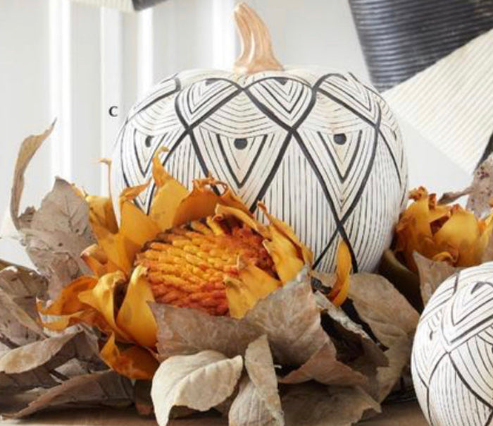 Aztec Black & White Patterned Pumpkin with Gold Stem