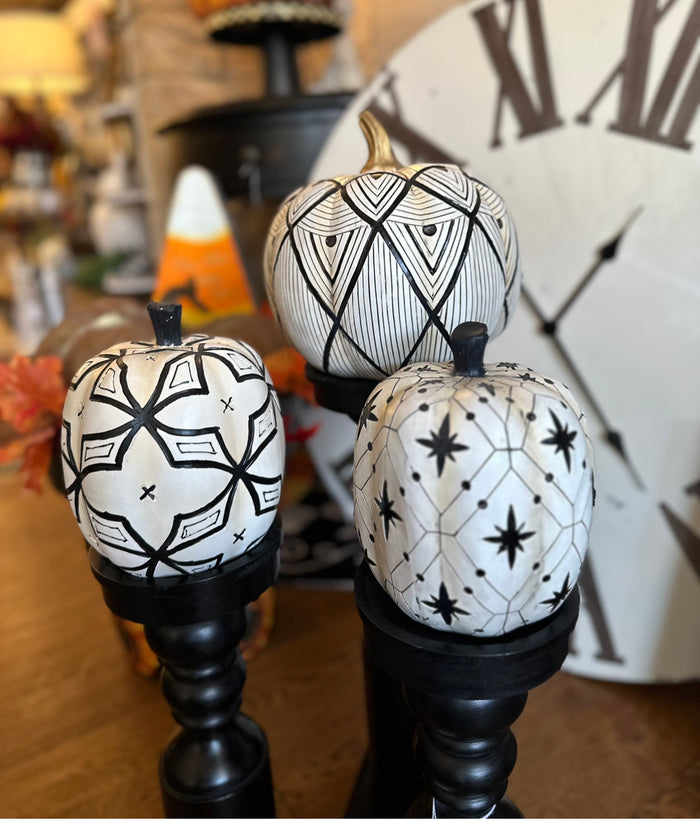 Aztec Black & White Patterned Pumpkin with Gold Stem