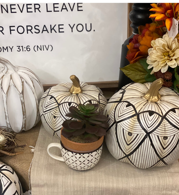 Aztec Black & White Patterned Pumpkin with Gold Stem