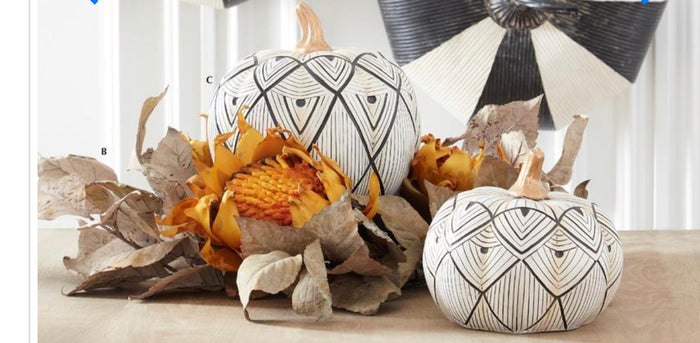 Aztec Black & White Patterned Pumpkin with Gold Stem
