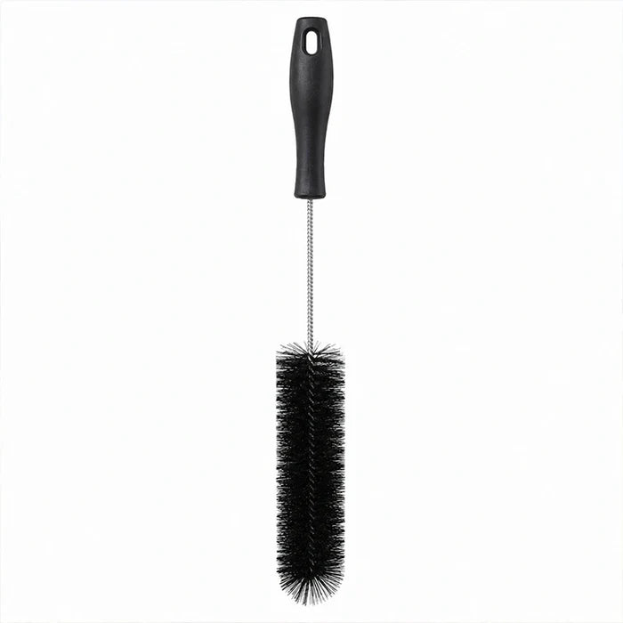Long black hummingbird feeder cleaning brush with ergonomic handle and durable bristles on a white background.