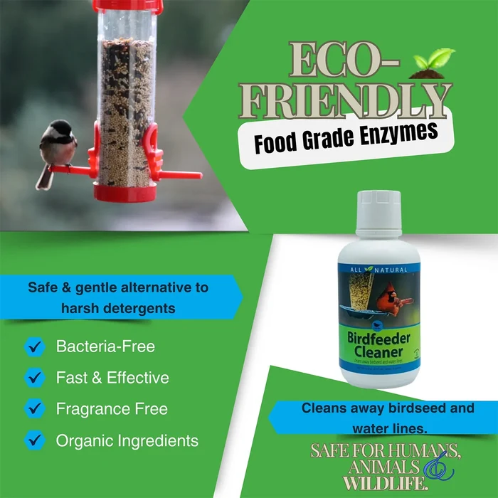 Bird Feeder Cleaner 16 oz. bottle beside a songbird on a red feeder; promotes eco-friendly, non-toxic cleaning with natural enzymes for safe, hygienic bird feeding.