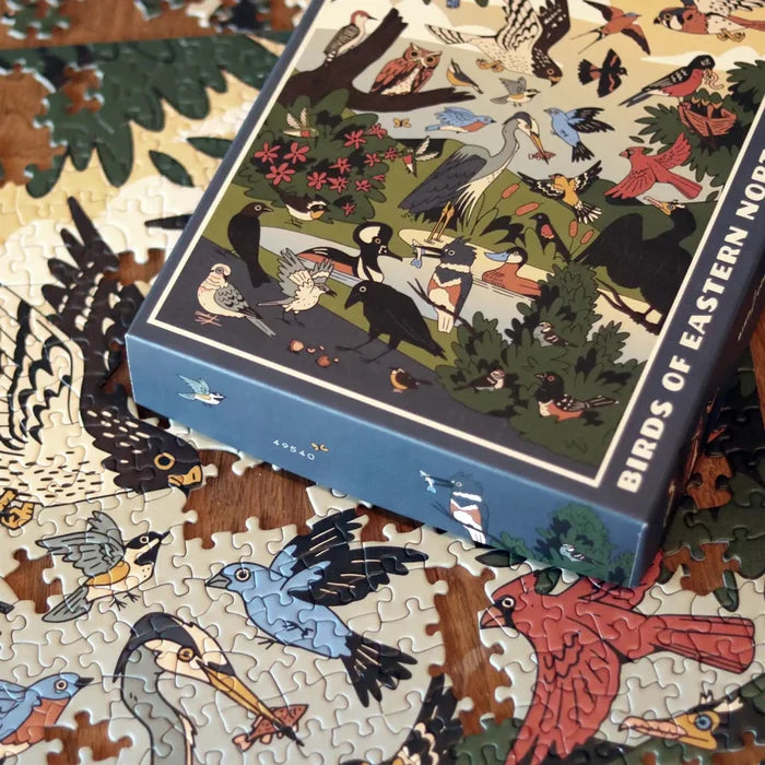 Partially assembled Birds of Eastern North America Puzzle on table, featuring illustrations of various bird species, with box showcasing the same artwork.