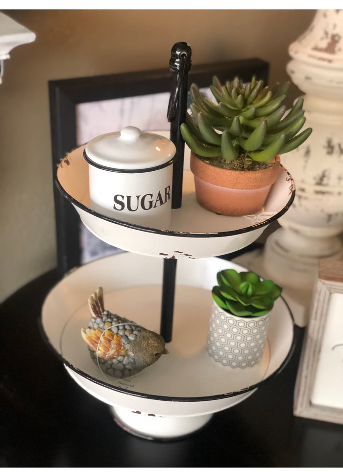 Black & White Enamel 2-Tier Tray Farmhouse Rustic Style