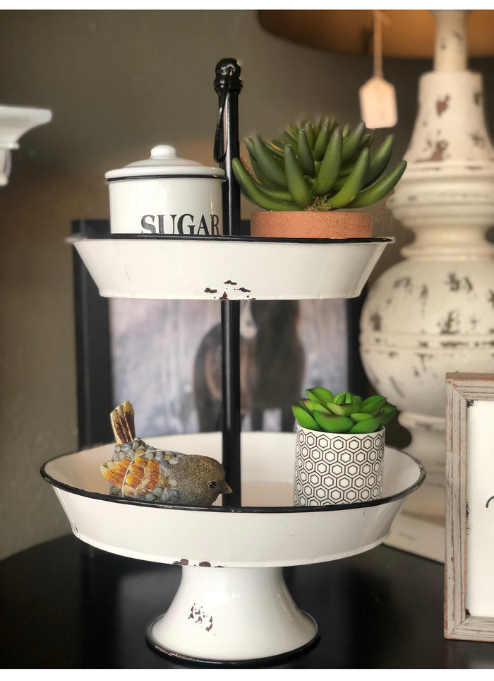 Black & White Enamel 2-Tier Tray Farmhouse Rustic Style
