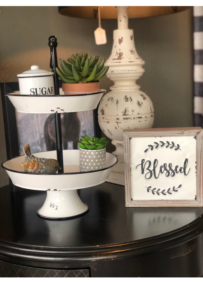 Black & White Enamel 2-Tier Tray Farmhouse Rustic Style
