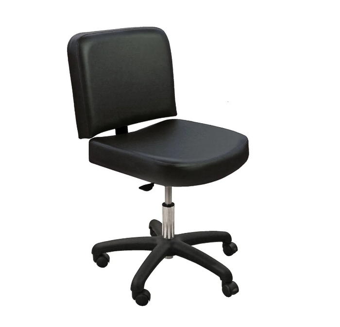 Jeffco Bravo Stool: armless office chair with cushion, backrest, gas lift, and five wheels.
