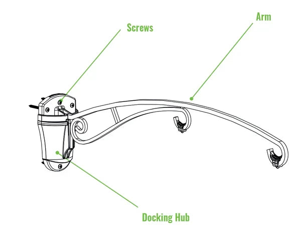 Brome BirdsUP 25 Hanging Bracket assembly drawing showing the wall-mounted docking hub, securing screws, and the curved arm with dual hooks for hanging items.