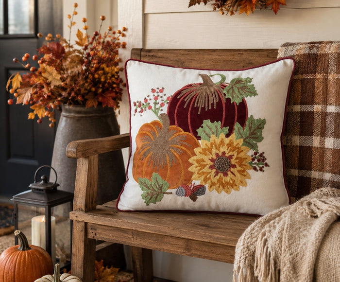 Burgundy Red & Orange Pumpkin & Sunflower Fall Pillow