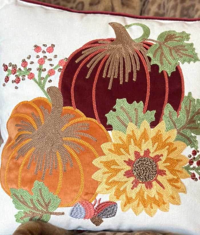 Burgundy Red & Orange Pumpkin & Sunflower Fall Pillow