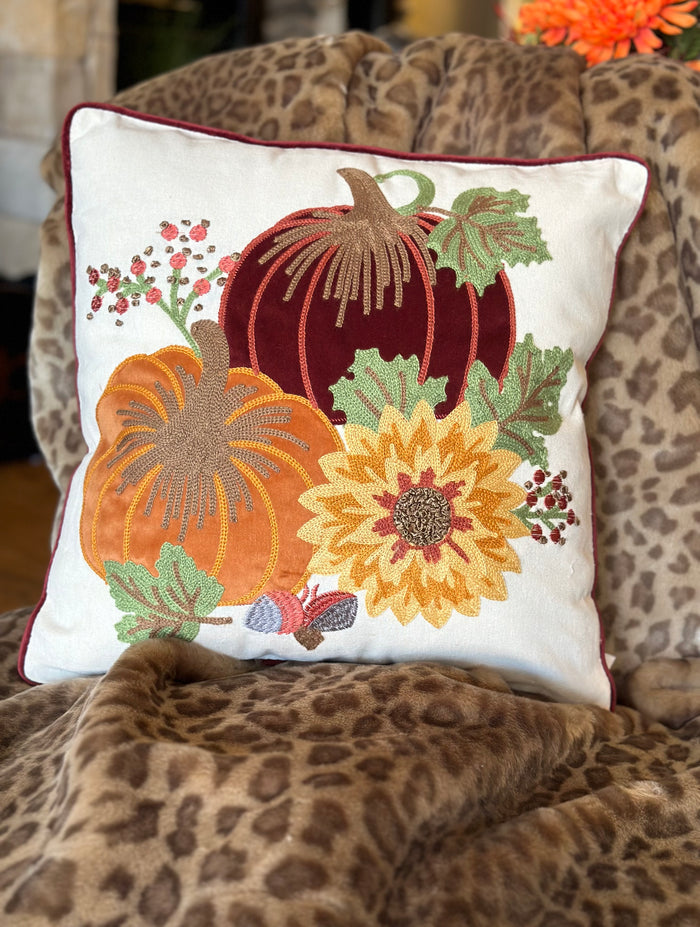 Burgundy Red & Orange Pumpkin & Sunflower Fall Pillow