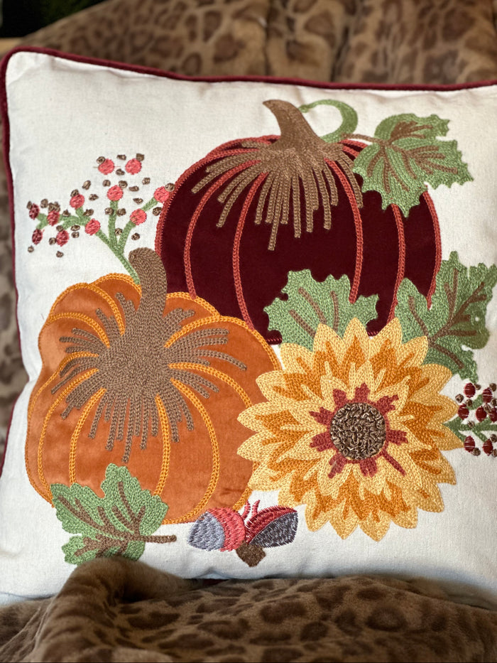 Burgundy Red & Orange Pumpkin & Sunflower Fall Pillow