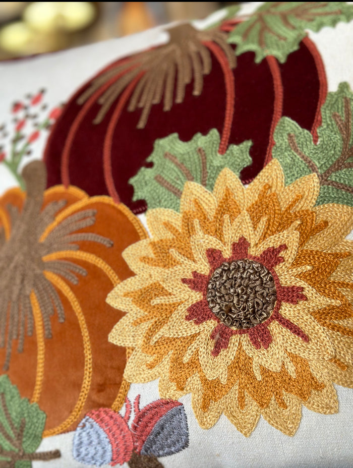 Burgundy Red & Orange Pumpkin & Sunflower Fall Pillow