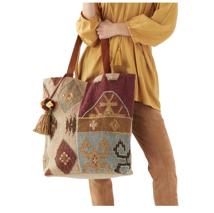 Burgundy, Tan, and Turquoise Aztec Tote with Leather Handles
