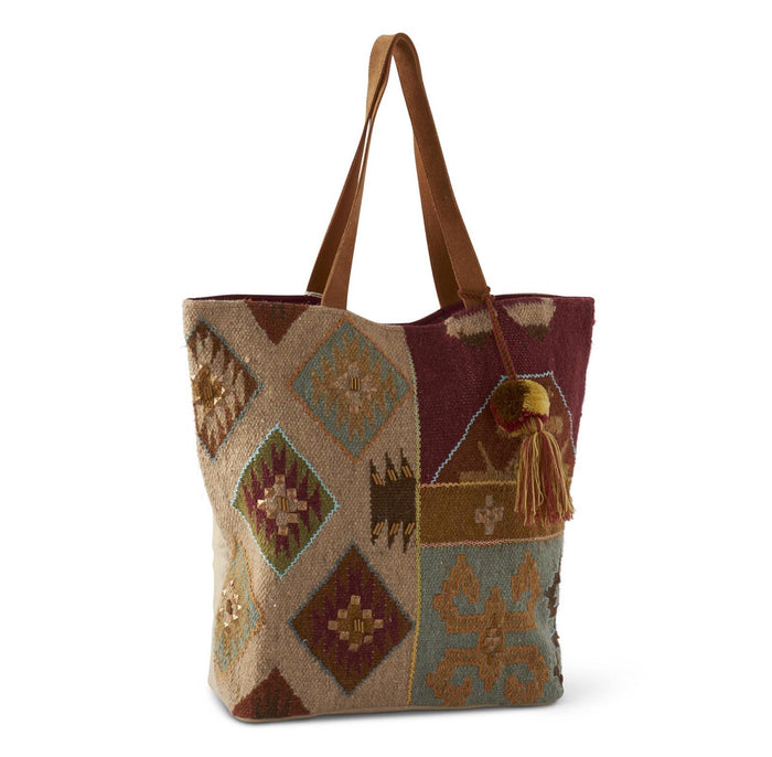 Burgundy, Tan, and Turquoise Aztec Tote with Leather Handles