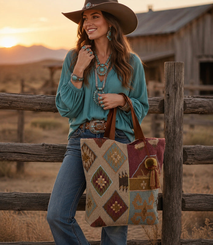 Burgundy, Tan, and Turquoise Aztec Tote with Leather Handles
