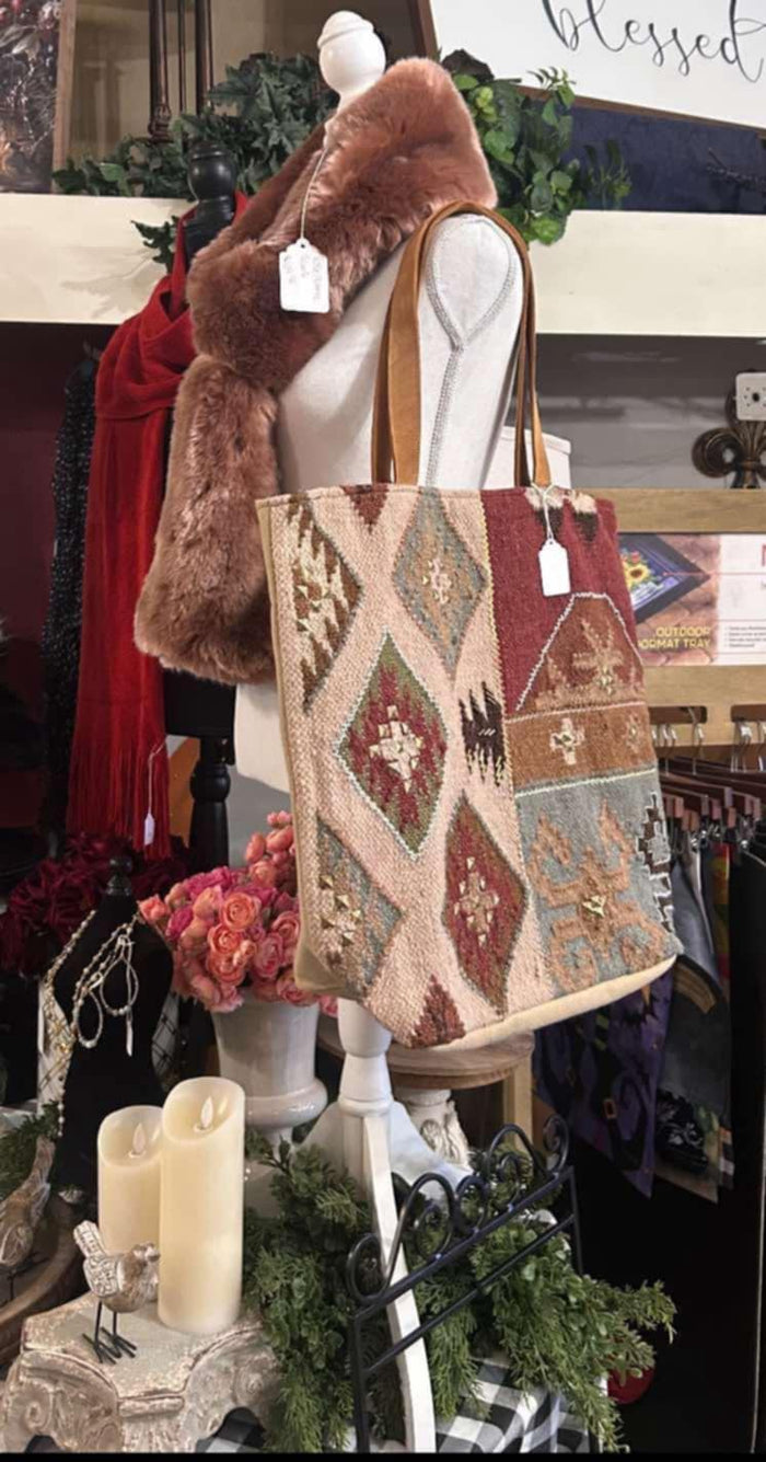 Burgundy, Tan, and Turquoise Aztec Tote with Leather Handles
