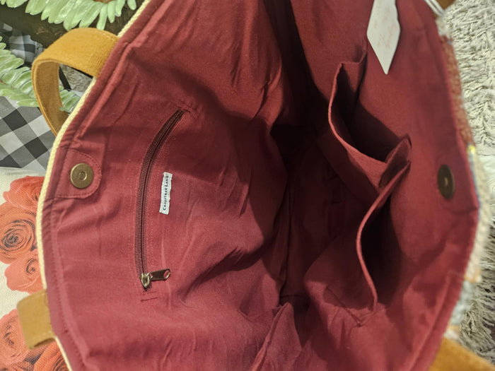 Burgundy, Tan, and Turquoise Aztec Tote with Leather Handles