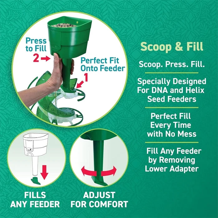 Green seed scoop with instructions on a green background