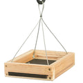 Cedar Hanging Tray Feeder with metal handle and perforated screen bottom for easy cleaning, designed to attract various birds, includes a metal cable for hanging.