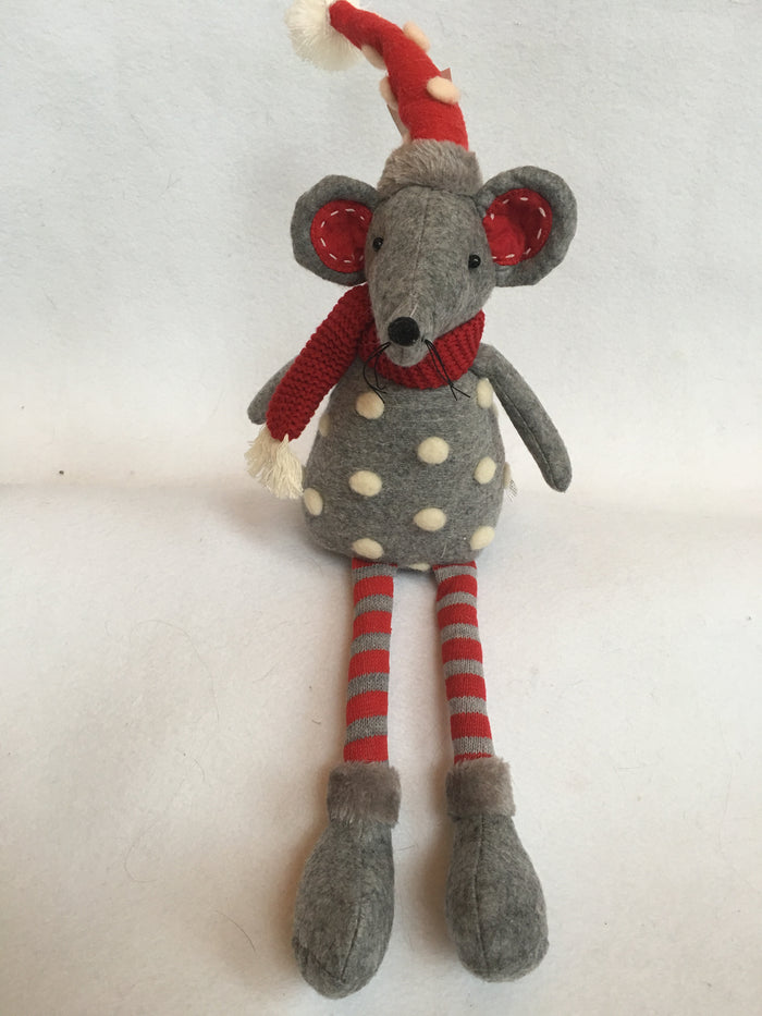 Christmas Red and Gray Plush Mouse with White Snow Ball Sweater and Hat