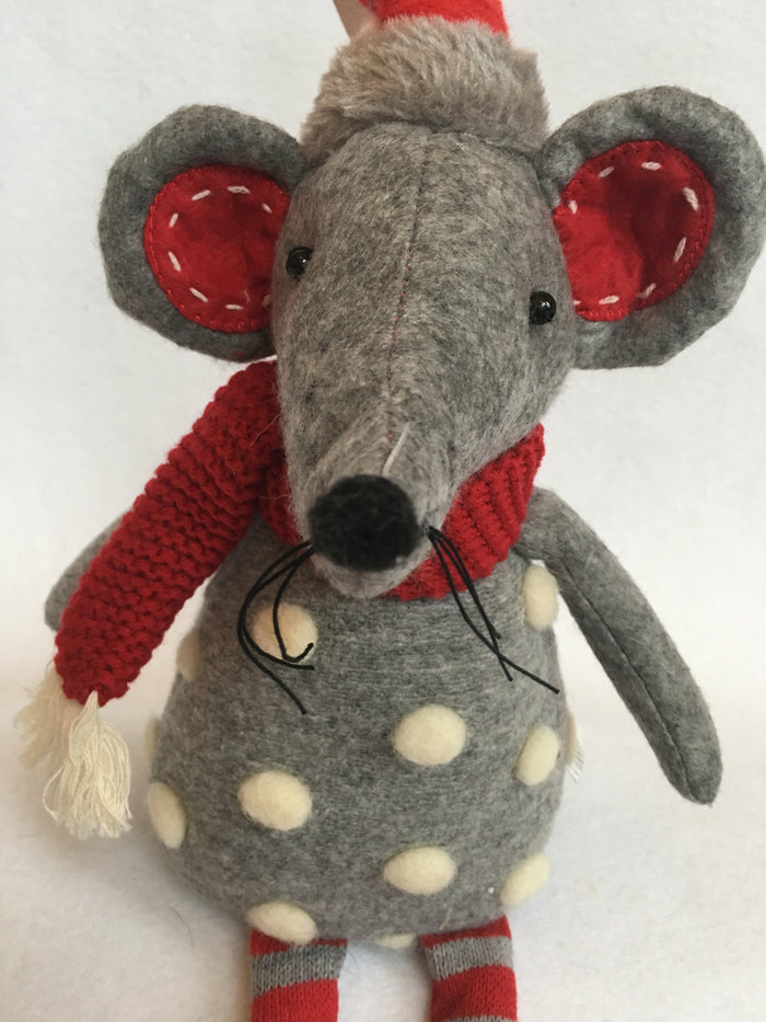 Christmas Red and Gray Plush Mouse with White Snow Ball Sweater and Hat