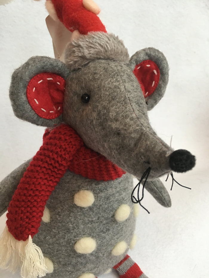 Christmas Red and Gray Plush Mouse with White Snow Ball Sweater and Hat