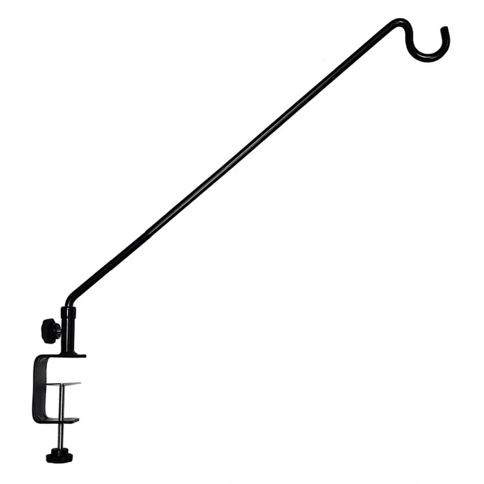 Clamp-On Swing Arm Deck Hanger, 23 features a black metal C-clamp with an adjustable arm and S-shaped hook for hanging lightweight items from deck rails.