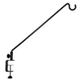 Clamp-On Swing Arm Deck Hanger, 23 features a black metal C-clamp with an adjustable arm and S-shaped hook for hanging lightweight items from deck rails.