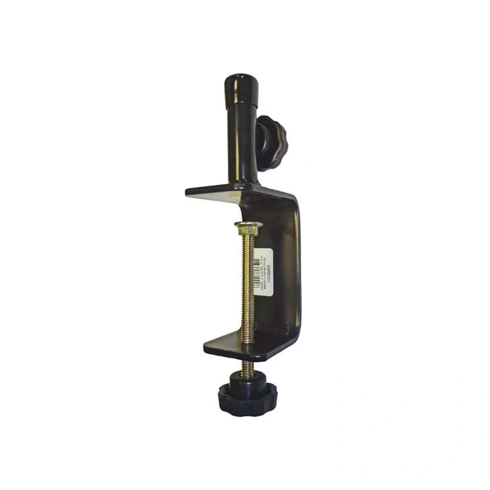 Clamp-On Swing Arm Deck Hanger with C-clamp, vertical post, and swivel arm for mounting feeders on deck rails up to 3.5 thick.